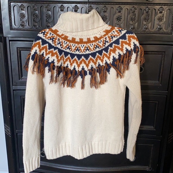 FOREVER 21 Ivory Boho Fair Isle Fringe Accent Turtleneck Sweater Size S - Picture 4 of 4